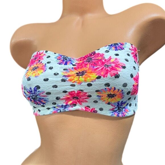 Victorias Secret Pink Strapless Ruched Lace Bandeau Bralette bra white floral L - Picture 5 of 6